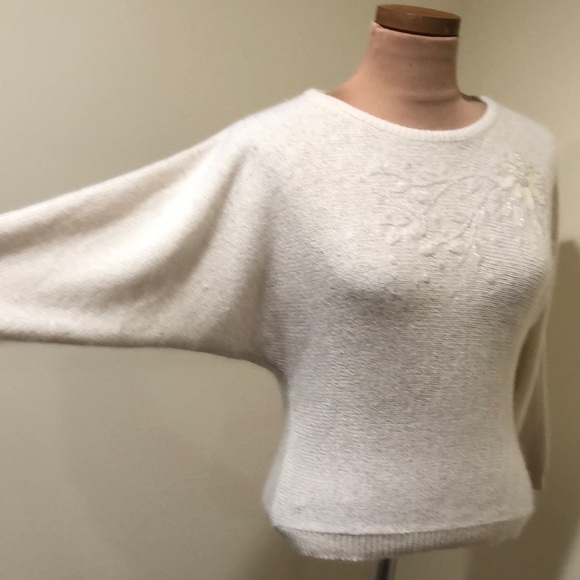 Vintage Pronto Moda Sweater Size Small Cream Sequin Beaded Dolman Sleeve - Picture 6 of 12